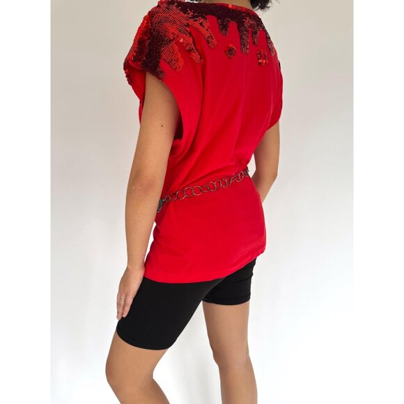 80s vintage red sequin embellished funky cotton short sleeved tee shirt large - Picture 4 of 9